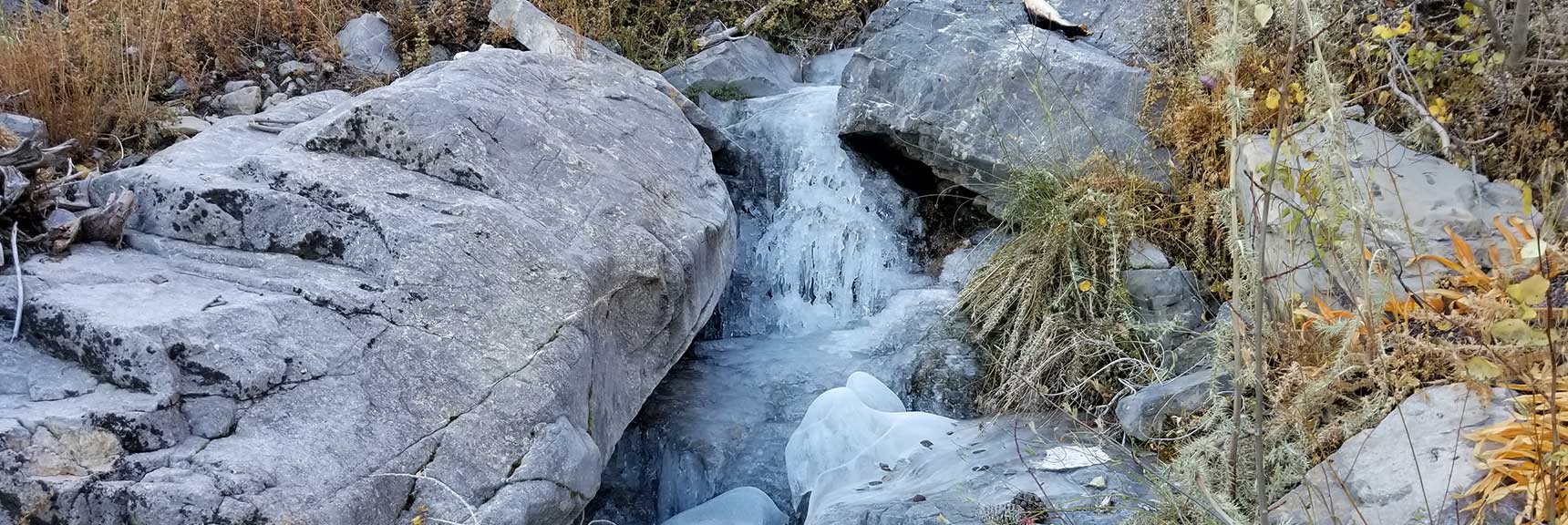 Frozen Mountain Stream and Ice Covered Rocks to Navigate In the Mountain Wash, Charleston Peak from Cathedral Rock, Spring Mountains, Nevada