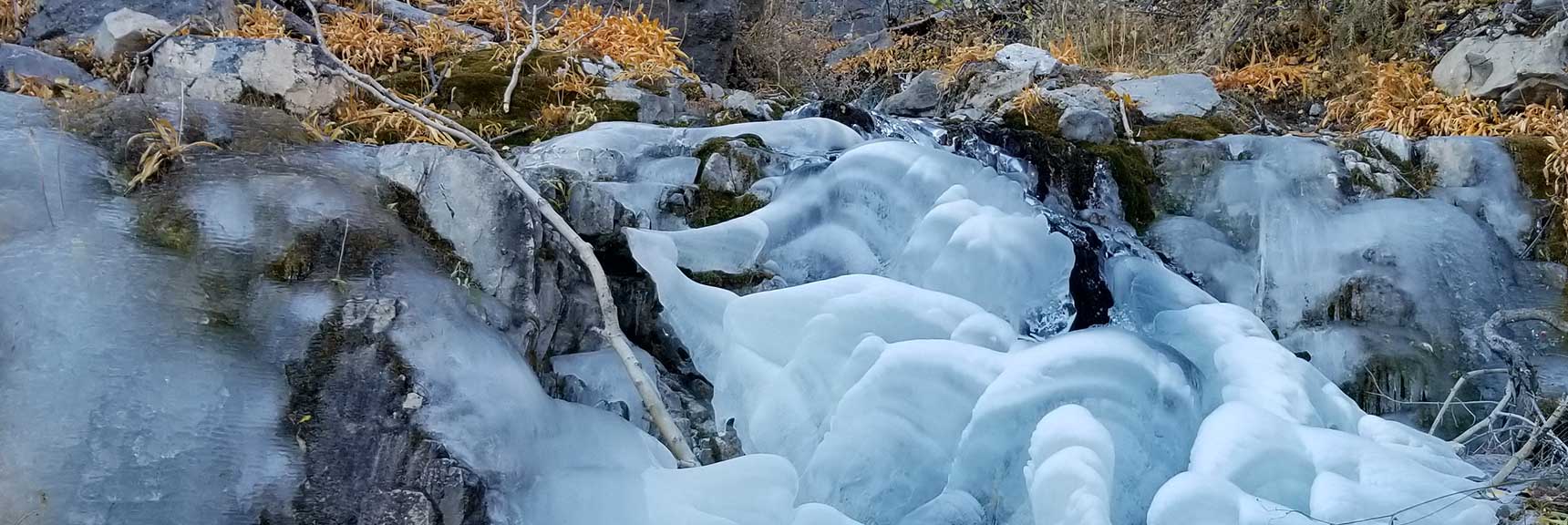 Frozen Mountain Stream and Ice Covered Rocks to Navigate In the Mountain Wash, Charleston Peak from Cathedral Rock, Spring Mountains, Nevada