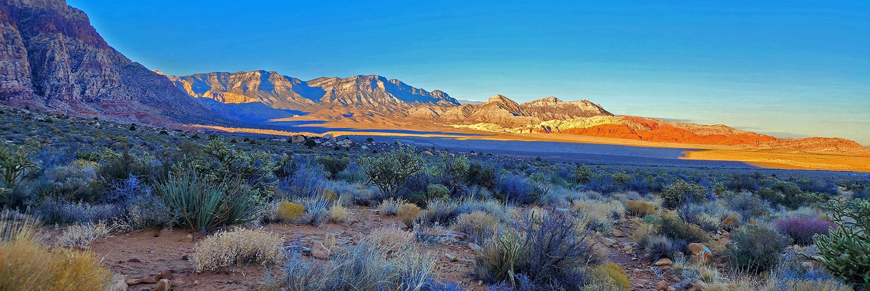 Left to Right: La Madre Mountains, Turtlehead Peak, Calico Hills, all in the Sun | Oak Creek Canyon North Branch Toward Rainbow Mountains Upper Crest Ridgeline | Rainbow Mountain Wilderness, Nevada