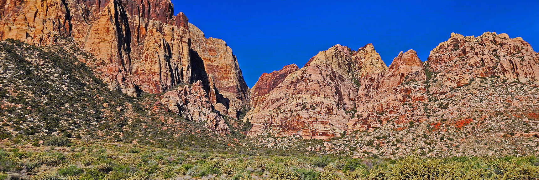 Juniper Canyon Opening Between Rainbow Mt (left) and Juniper Peak (right) | Arnight Trail | Red Rock Canyon, Nevada | David Smith | LasVegasAreaTrails.com