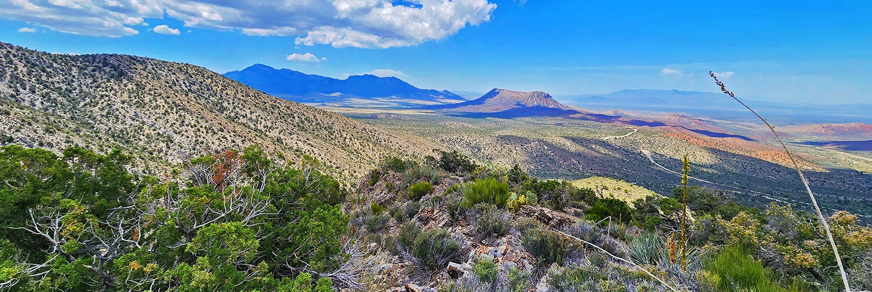 View Back Down Lovell Canyon to Landmark Bluff Start/End Point & Potosi Mt. | Juniper Peak to Mt. Wilson | Rainbow Mountains Upper Crest Ridgeline, Nevada