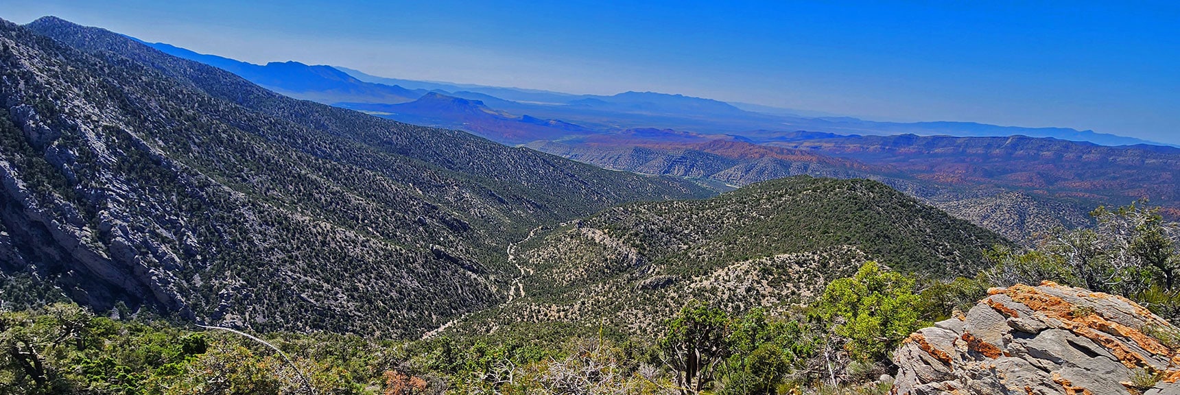 View Back Down Rocky Gap Road to Lovell Canyon. | Red Rock Summit | Lovell Canyon & Rainbow Mountain Wilderness, Nevada