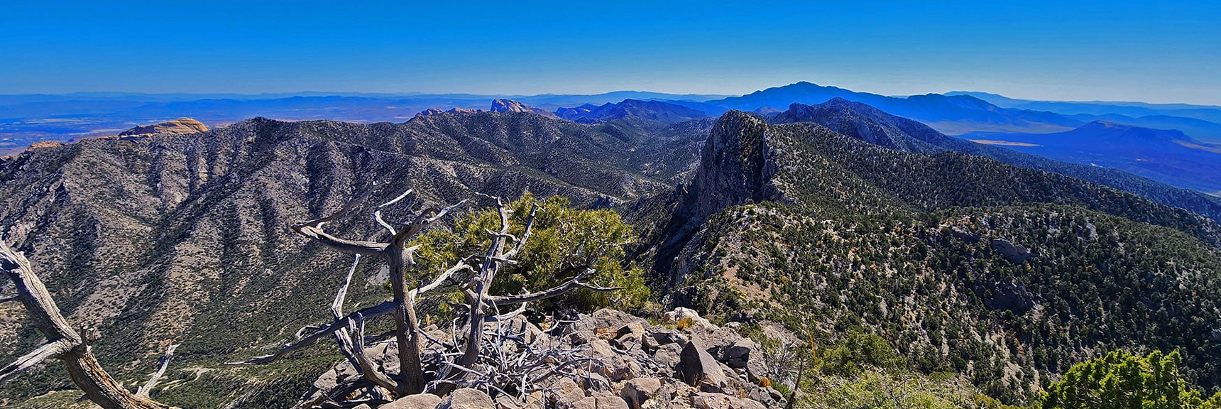 Arrival on Pinnacle! Rainbow Mts. Ridgeline (left); Wilson Ridgeline (right). Potosi Mt. in Distance. | Mini Matterhorn Pinnacle | Wilson Ridge | Lovell Canyon, Nevada