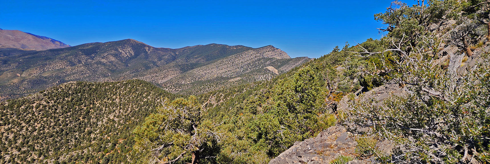 Wilson Ridgeline North to Its South High Point. Prominent Ledge Marks La Madre Ridgeline | Mini Matterhorn Pinnacle | Wilson Ridge | Lovell Canyon, Nevada