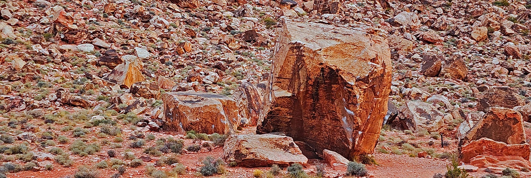 "Warm Up Boulder". White Chalk Marks Indicate "Bouldering" Practice. | Damsel Peak Southeastern Slope | Calico & Brownstone Basins, Nevada