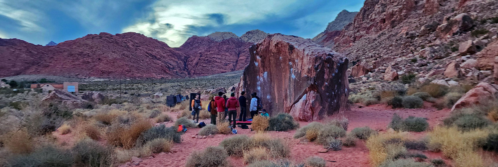 Later in Day: Each Boulder Has Its Group of Mattress-Hauling Climbers | Damsel Peak Southeastern Slope | Calico & Brownstone Basins, Nevada