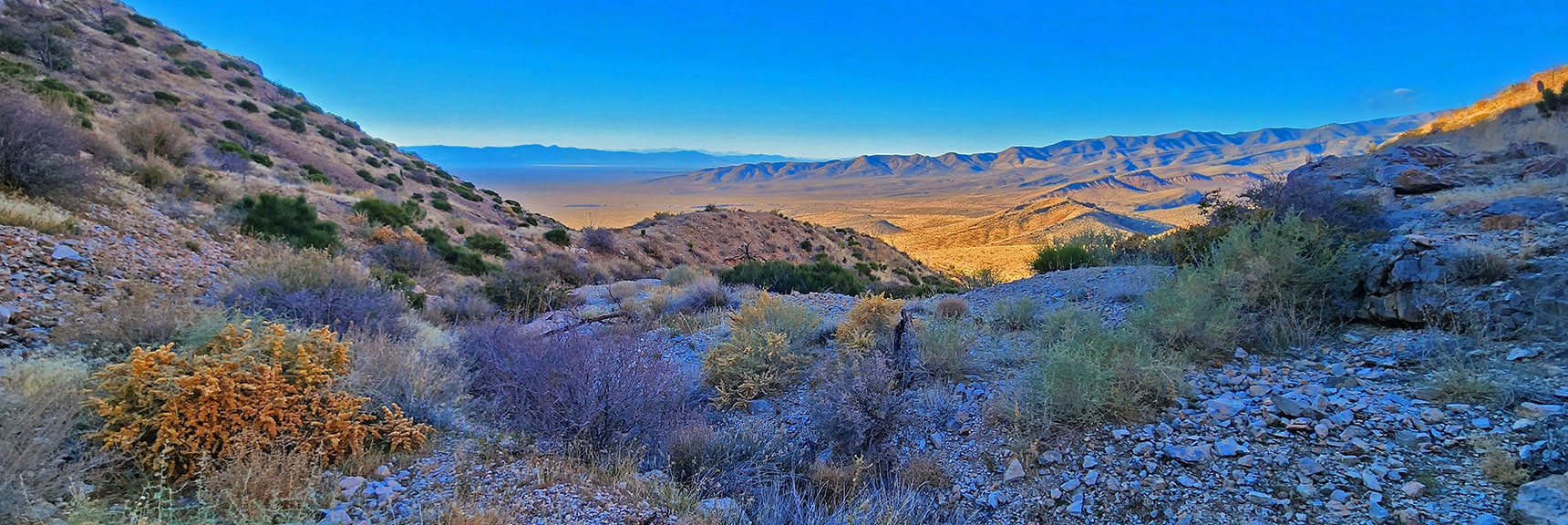 Now Ascending the Gully Chute, View Out Lower Opening of Canyon | Landmark Bluff Summit | Lovell Canyon, Nevada