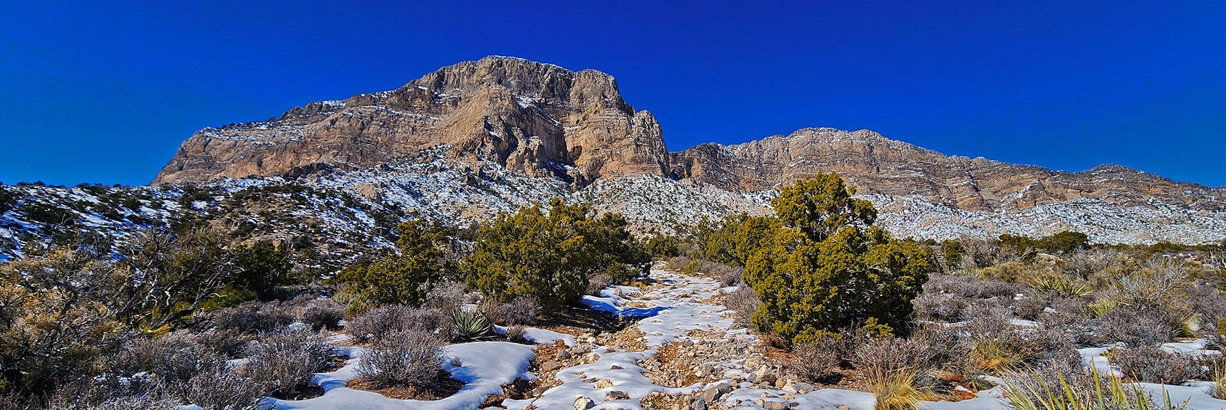 Brownstone Trail Approaching La Madre Cliffs: El Padre Mt. (left), La Madre Mt. (right) | Brownstone Trail | Calico Basin | Brownstone Basin | La Madre Mountains Wilderness, Nevada
