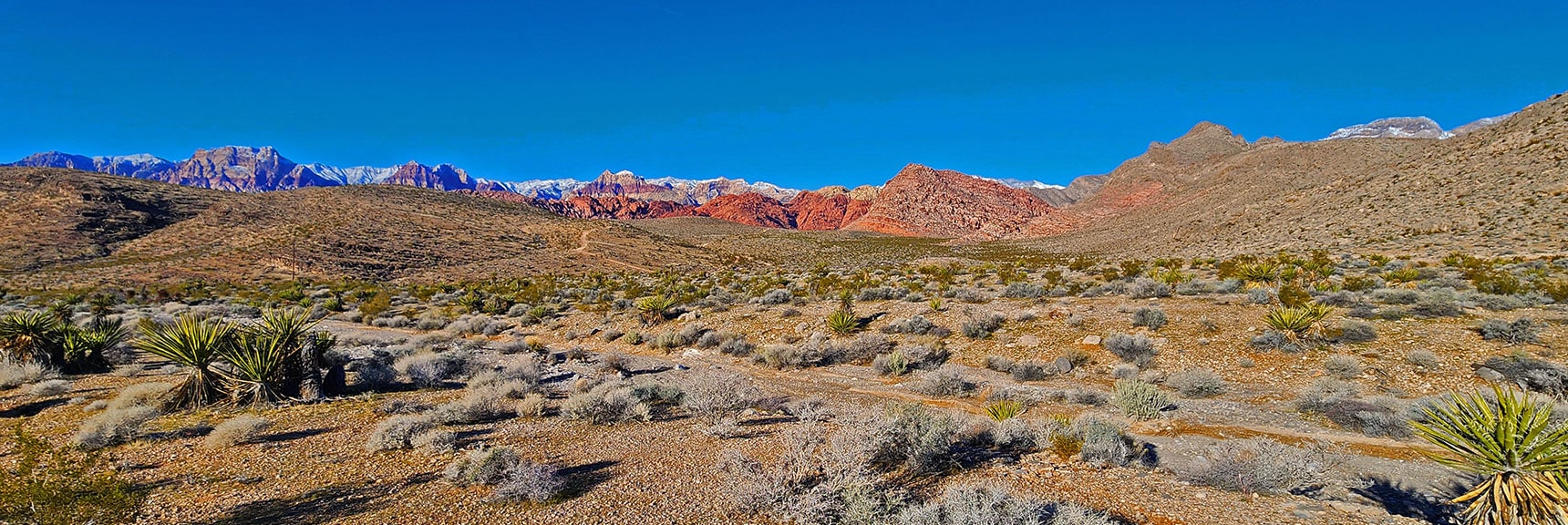 View of Calico Basin Lit By Morning Sun Earlier Today. Peak 3844 Hill (left). Powerline Rd. (center). | Brownstone Trail | Calico Basin | Brownstone Basin | La Madre Mountains Wilderness, Nevada