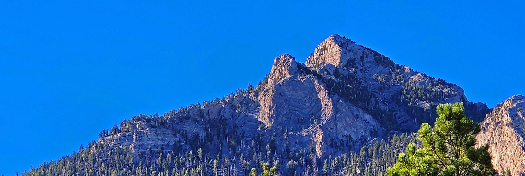 Summit Approach is Around Left Side of Small Summit on Left and Right Side of Large Summit. | Mummy's Nose Final Summit Approach from Deer Creek Road | Mt. Charleston Wilderness, Nevada