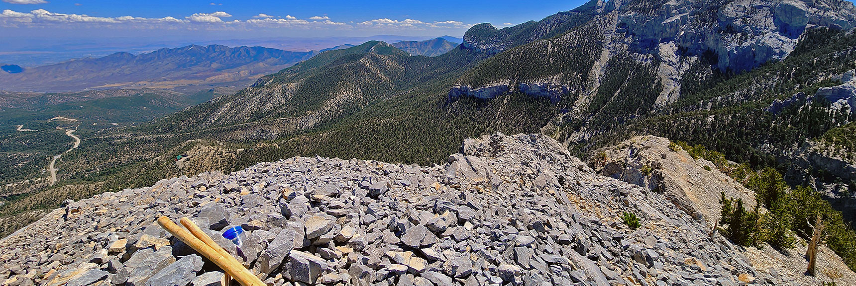 Mummy's Nose Summit Marker. Fletcher Peak & La Madre Mts. Background | Mummy's Nose Final Summit Approach from Deer Creek Road | Mt. Charleston Wilderness, Nevada