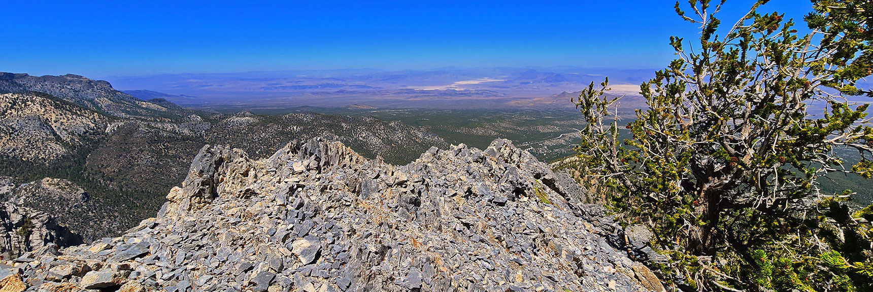 View Across Lower Cliffs Toward Desert & Reno. Sprint Mts. are a Desert Island! | Mummy’s Nose North Alpine Loop | Mt Charleston Wilderness, Nevada