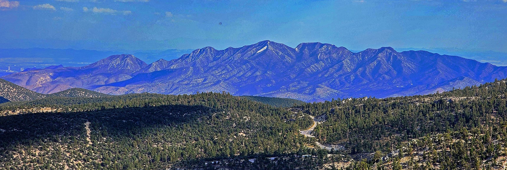 Full View of La Madre Mts. White Spot is the Famous Limestone "Devil's Slide" | Mummy's Nose East Cliff Plane Crash Site | Mt Charleston Wilderness, Nevada