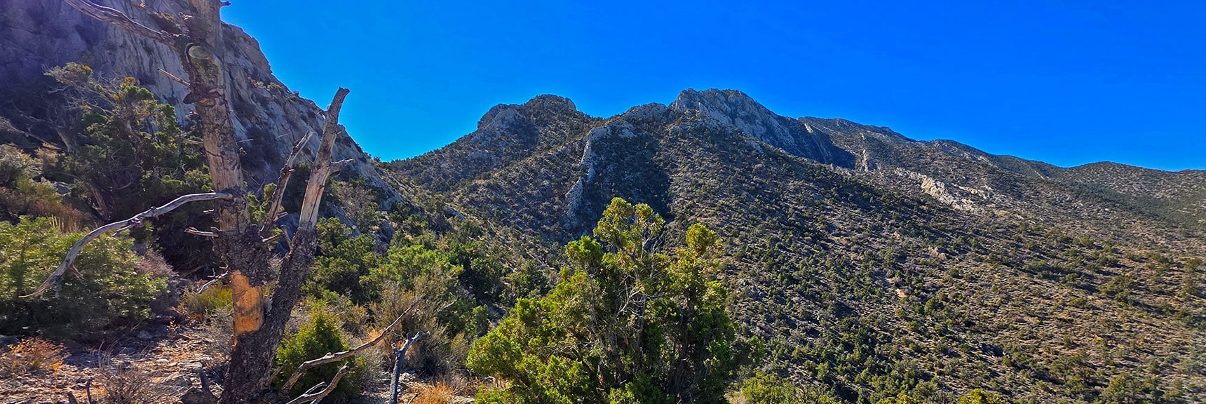 At the Ridgeline Summit Begin a Rock Scrambling Traverse to the Saddle. | La Madre Ridgeline East Saddle | La Madre Mountains Wilderness, Nevada
