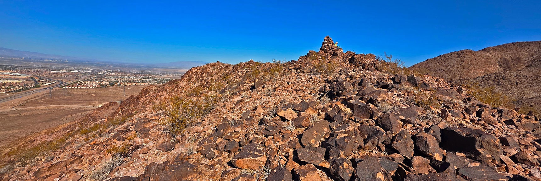 Arrival on Easter Island Peak. Peak Named for 3 Large Cairns on Summit | Leaning Arch Loop | River Mountains | Lake Mead NRA, Nevada