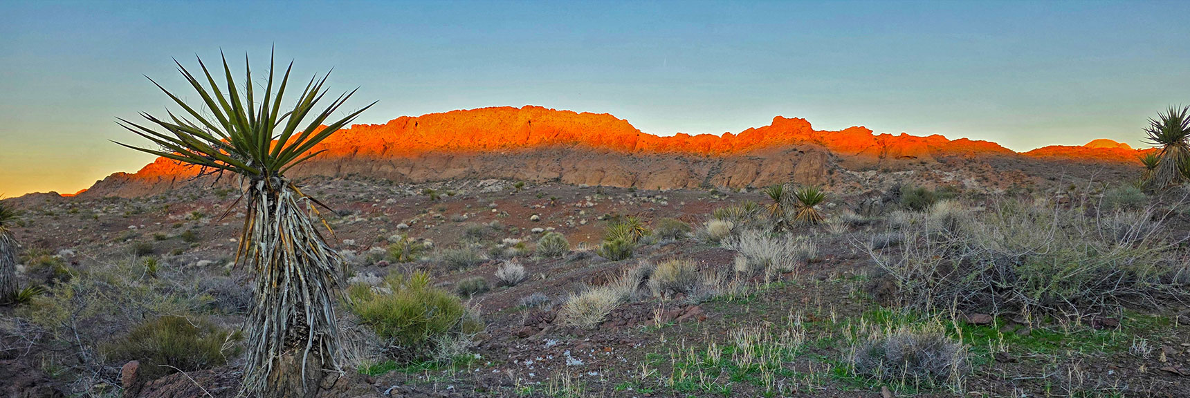 Sunset View of West Ridge. Avoided Gun Range at S Base of Archback Peak. | Lonesome Peak West Canyon Loop | Eldorado Wilderness, Nevada