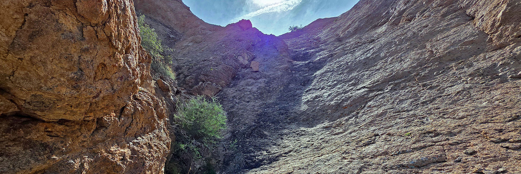 Near-Vertical Barrier at End of 2nd Canyon Offered Enough Micro Holds. | Nelson Benchmark | Eldorado Wilderness, Nevada