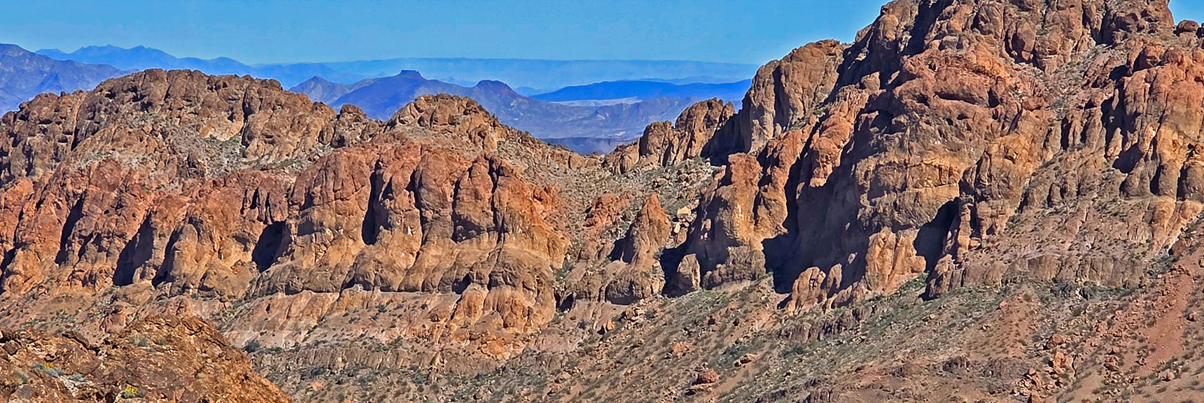 Closer View of Mt. Stocker Shows Possible Approach Up Saddle N of Summit. | Murl Emery Arch | Eldorado Wilderness, Nevada