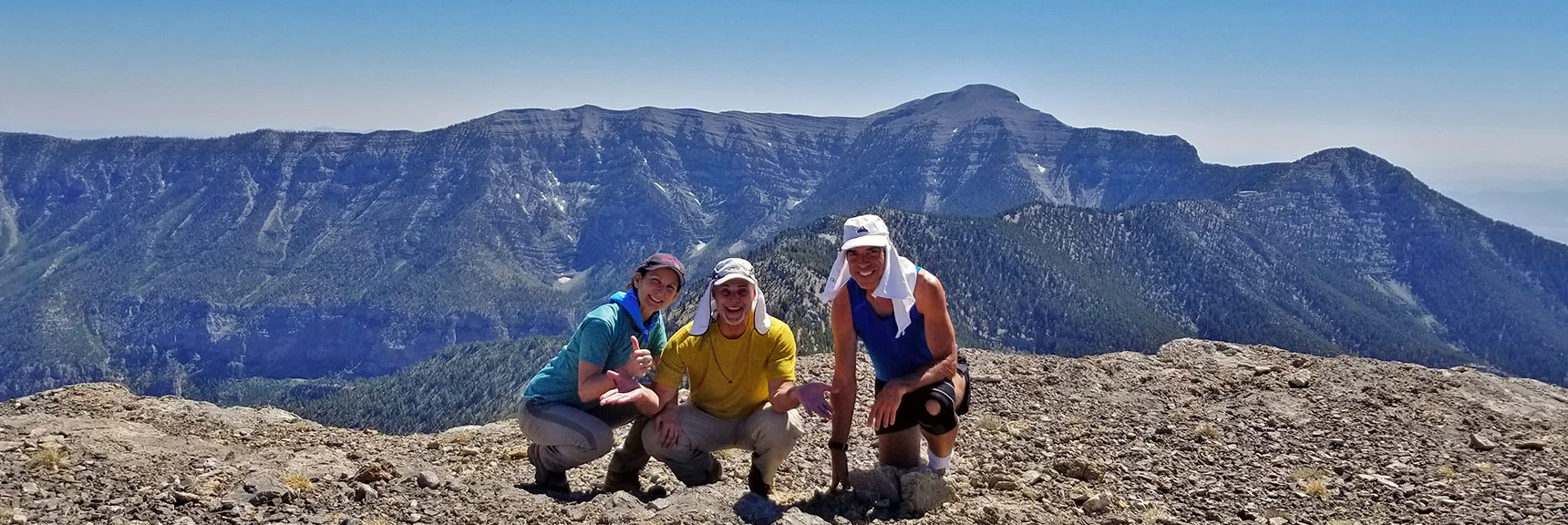 Shoshi, Glenn and David on Mummy Mountain Summit, Charleston Peak in Background | Mummy Mountain Adventure with Glenn & Shoshi Hall, Spring Mountains Wilderness, Nevada 021