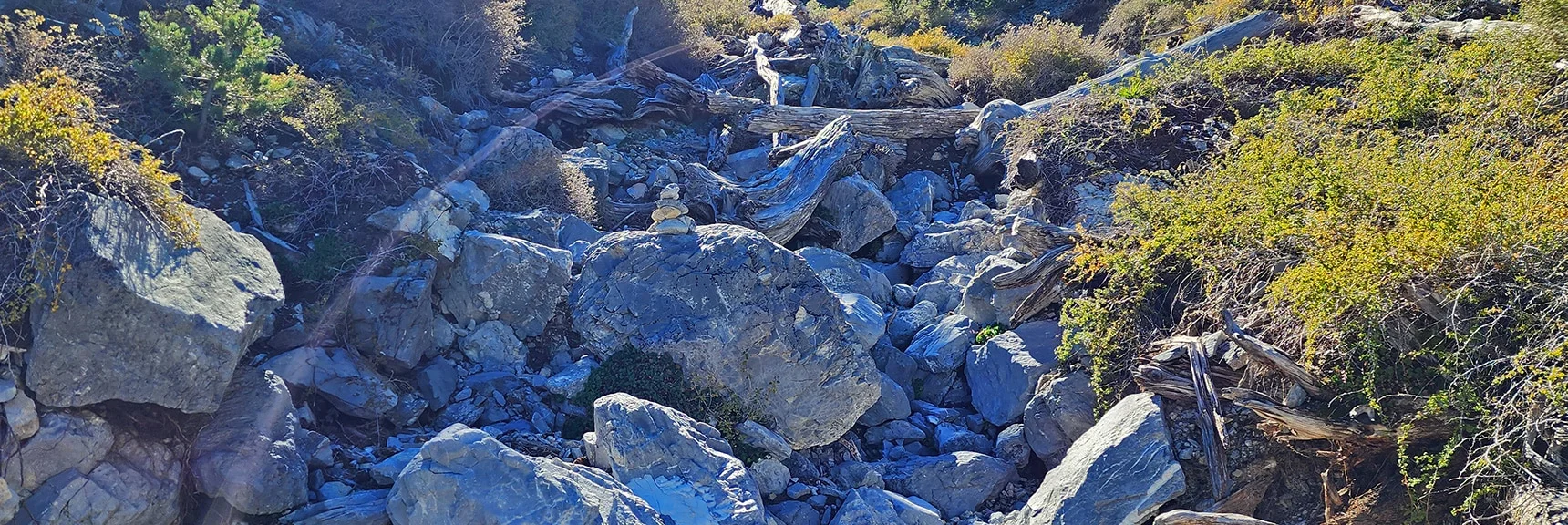 Navigating Boulders in Mummy's Head Approach Wash. 800 Feet Below "V" Final Summit Approach. | Mummys Head | Lee Canyon | Mt Charleston Wilderness | Spring Mountains, Nevada