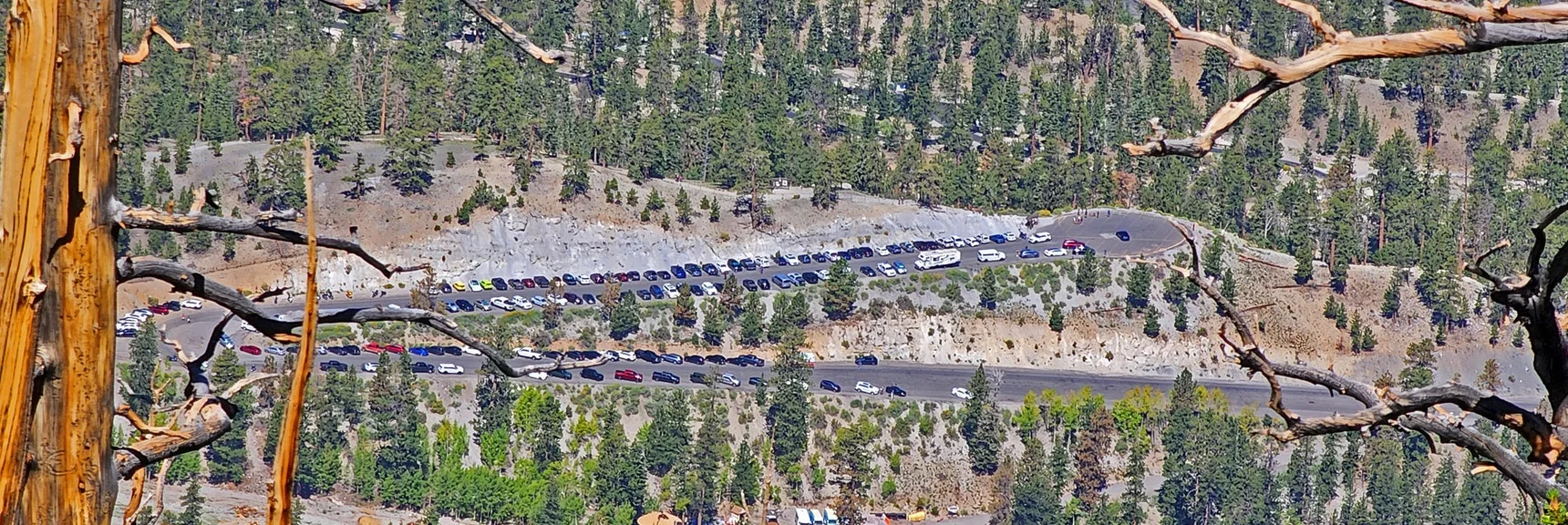 View Down to Upper Bristlecone Pine Trailhead from 3000ft Above on Lee/Kyle Canyon High Ridgeline | Mummy Mountain Grand Crossing | Lee Canyon to Deer Creek Road | Mt Charleston Wilderness | Spring Mountains, Nevada |