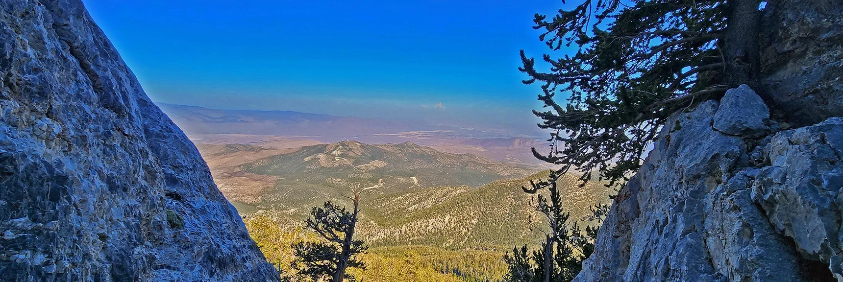 View Through Final Descent Channel Toward Angel Peak | Mummy Mountain Grand Crossing | Lee Canyon to Deer Creek Road | Mt Charleston Wilderness | Spring Mountains, Nevada |