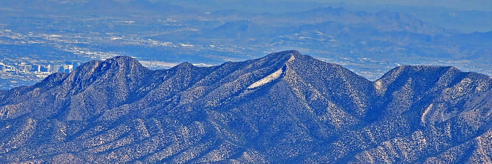 Zoom in on La Madre and El Padre Mountains from Descent Chute | Mummy Mountain Grand Crossing | Lee Canyon to Deer Creek Road | Mt Charleston Wilderness | Spring Mountains, Nevada |