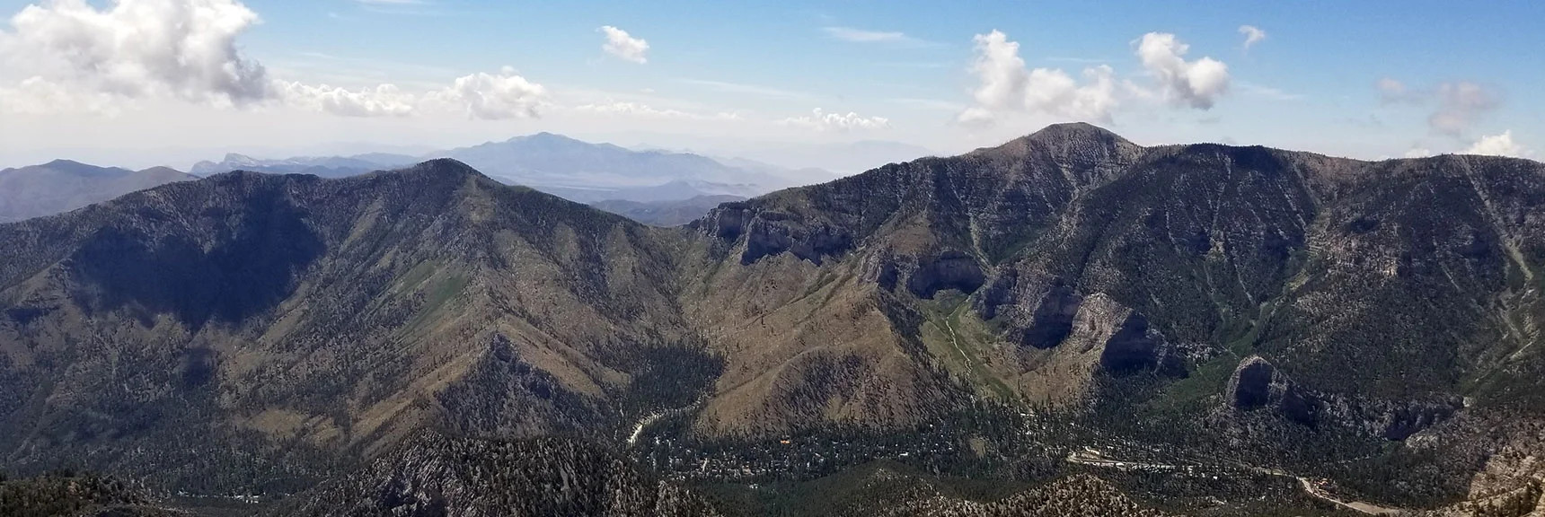 Harris Mt., Griffith Peak and Saddle Between (Potosi Mt Background) from Mummy's Toe Summit | Grand Circuit Loop Cougar Ridge Trail, Mummy Mountain Knees | Mummy Mountain Toe | Mummy Springs | Raintree | Fletcher Peak | Mt Charleston Wilderness | Spring Mountains, Nevada