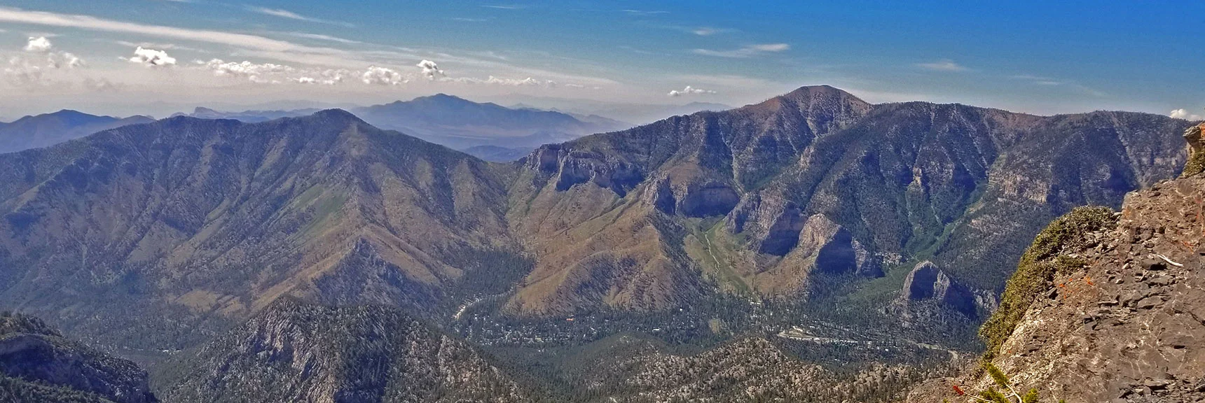 Harris Mt., Griffith Peak and the Saddle Between, Potosi Mt. in Distance. Charleston Village & Cathedral Rock Also in Picture. | Grand Circuit Loop Cougar Ridge Trail, Mummy Mountain Knees | Mummy Mountain Toe | Mummy Springs | Raintree | Fletcher Peak | Mt Charleston Wilderness | Spring Mountains, Nevada