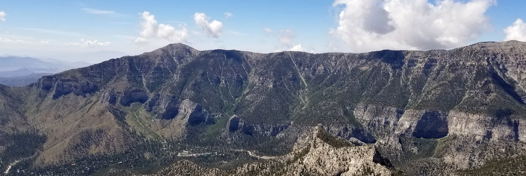 Griffith Peak, South Rim of Kyle Canyon, Cathedral Rock, Cockscomb Ridge from Mummy's Toe Summit. | Grand Circuit Loop Cougar Ridge Trail, Mummy Mountain Knees | Mummy Mountain Toe | Mummy Springs | Raintree | Fletcher Peak | Mt Charleston Wilderness | Spring Mountains, Nevada