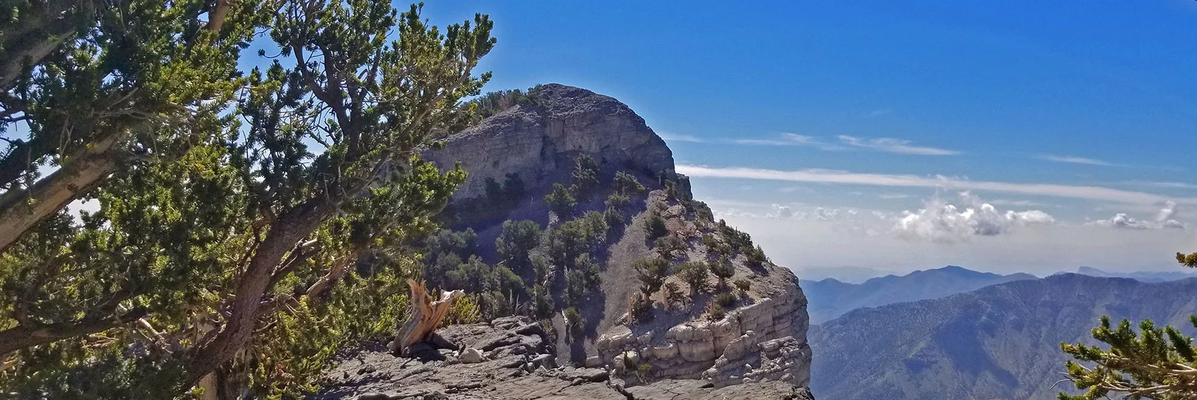 Mummy's Toe from the Edge of the Limestone Slab Ridge. La Madre Mts. Far Background. | Grand Circuit Loop Cougar Ridge Trail, Mummy Mountain Knees | Mummy Mountain Toe | Mummy Springs | Raintree | Fletcher Peak | Mt Charleston Wilderness | Spring Mountains, Nevada