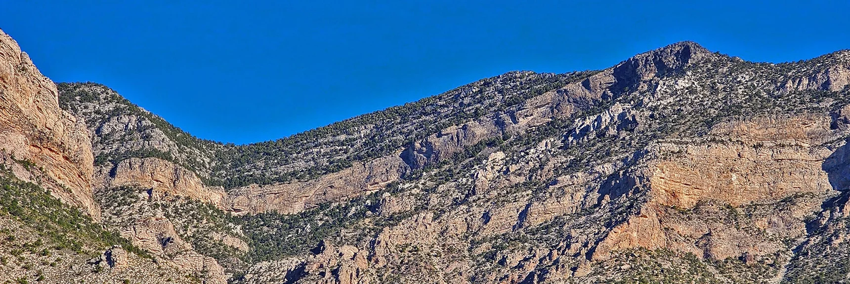 Your Goal is the Saddle Between El Padre (right) and El Bastardo (left), Visible on the Entire Route | Kyle Canyon Grand Crossing | Southern Half | Red Rock Canyon National Conservation Area, Nevada