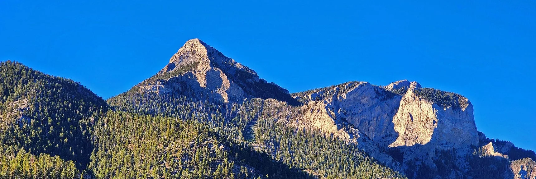 Mummy's Nose (left) from Lee Canyon Rd. Tree Band Below Cliffs is Access Route | Mummy’s Nose North Alpine Loop | Mt Charleston Wilderness, Nevada