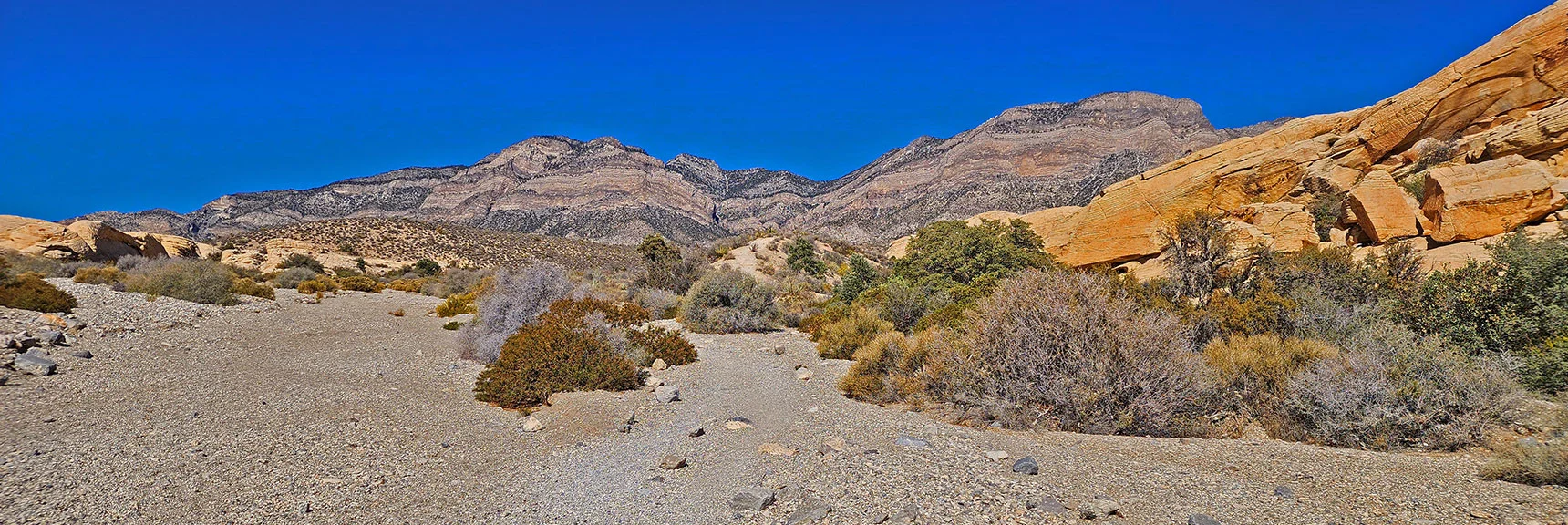 Crossing Main Wash Which Would Take You to Base of Keystone Thrust Cliffs. | Turtlehead Peak | Red Rock Canyon National Conservation Area, Nevada