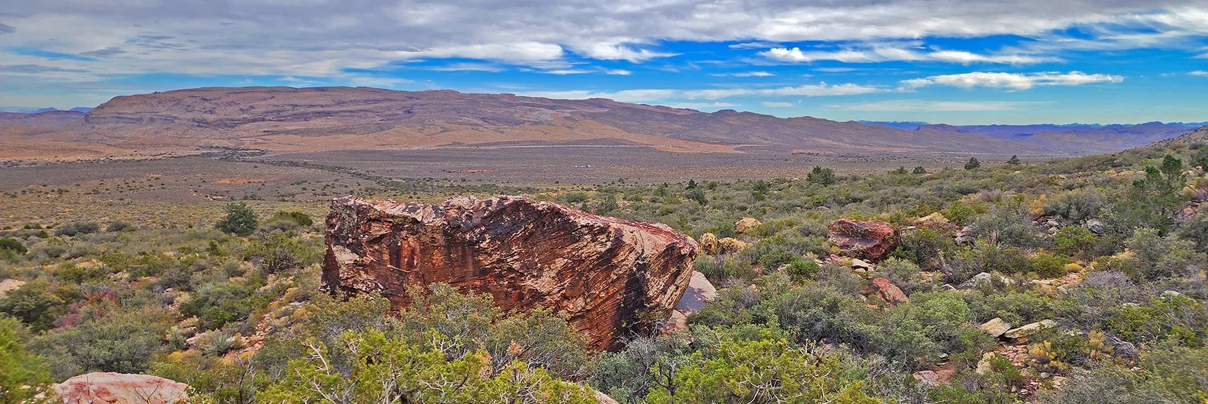 Huge Boulder Reference Point at the Entrance of Juniper Canyon | Rainbow Mountain Eastern Cliffs Rock Climbers | Rainbow Mountain Wilderness, Nevada