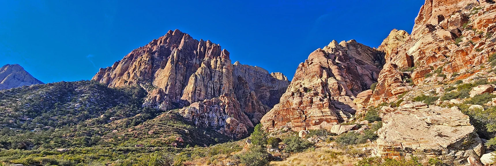 Juniper Canyon Entrance Between Rainbow Mountain (left) and Juniper Peak (right) | Rainbow Mountain Eastern Cliffs Rock Climbers | Rainbow Mountain Wilderness, Nevada