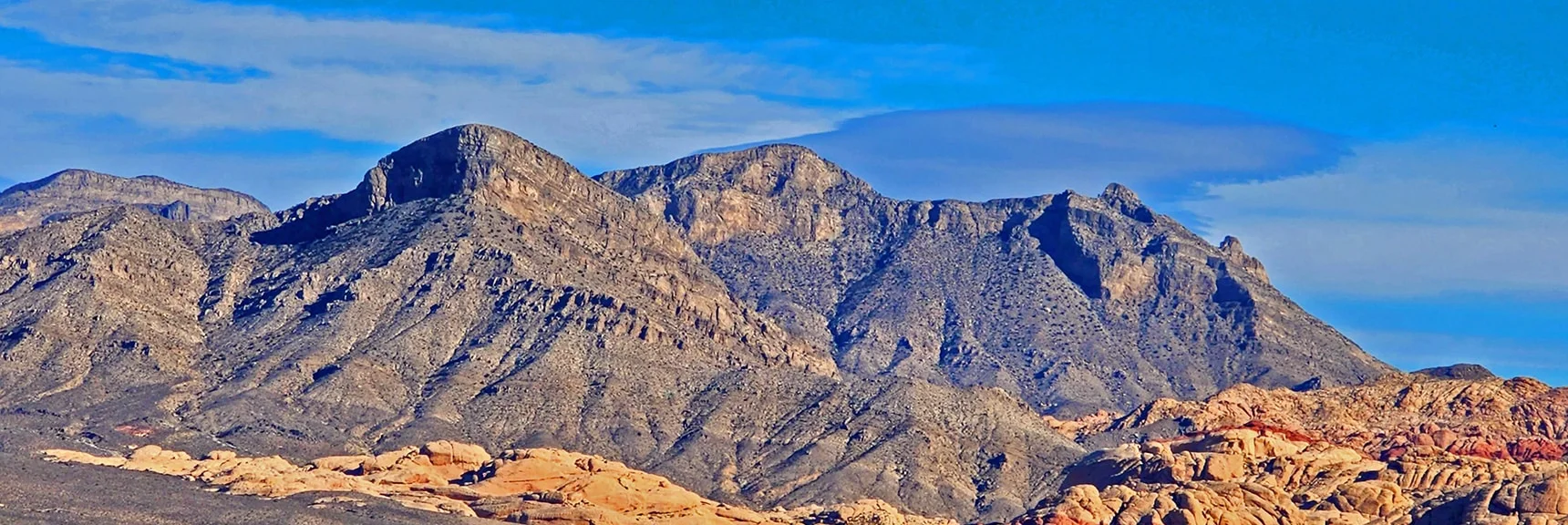 Turtlehead Peak (left), Damsel Peak (behind, right), Calico Hills | Rainbow Mountain Eastern Cliffs Rock Climbers | Rainbow Mountain Wilderness, Nevada