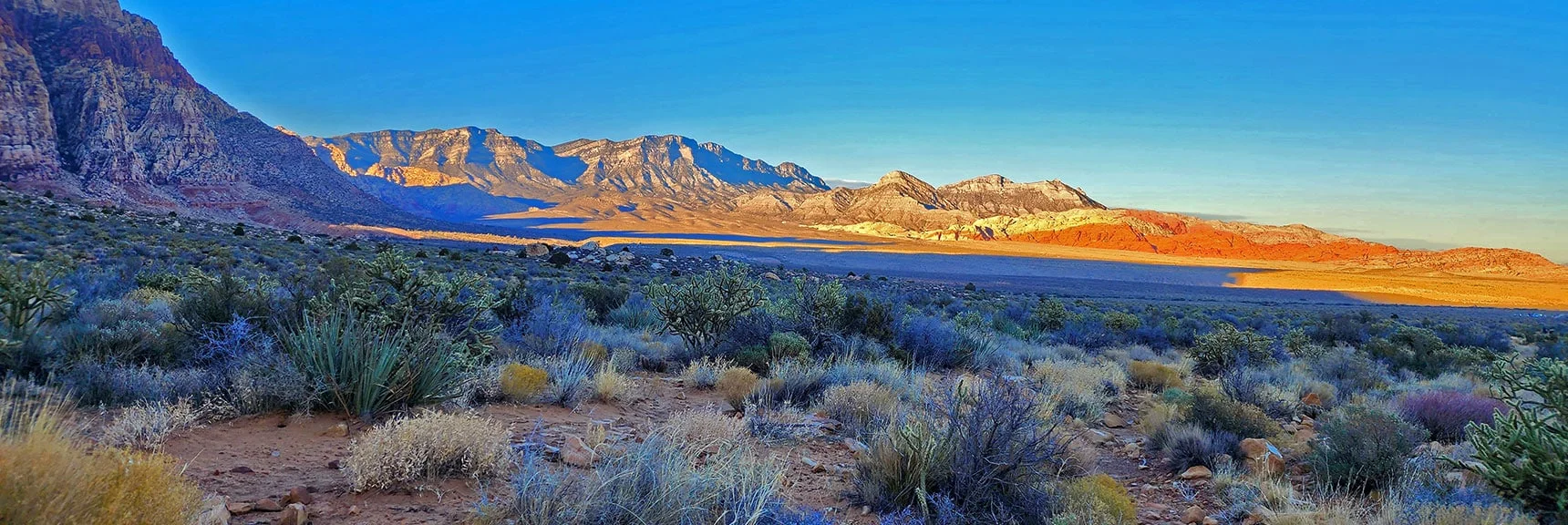Left to Right: La Madre Mountains, Turtlehead Peak, Calico Hills, all in the Sun | Oak Creek Canyon North Branch Toward Rainbow Mountains Upper Crest Ridgeline | Rainbow Mountain Wilderness, Nevada