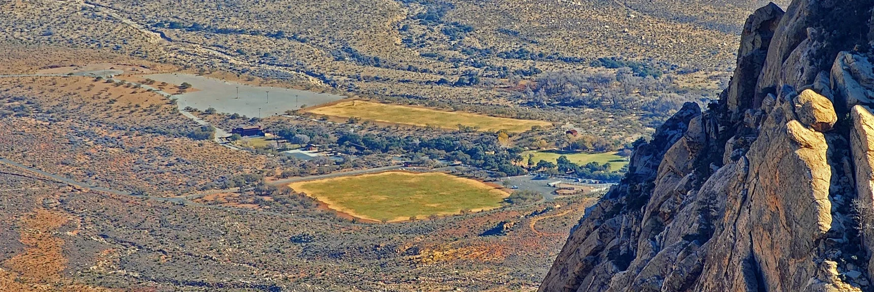Zoom in on Spring Mt. Ranch State Park & Super Summer Theater Area | Rainbow Mountains Mid Upper Crest Ridgeline from Lovell Canyon, Nevada