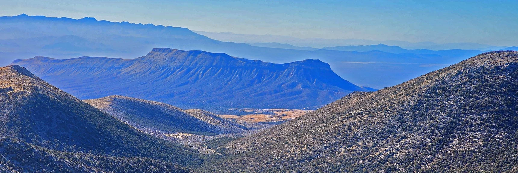 View Down to Mesa Return Trip Reference Point. | Rainbow Mountains Mid Upper Crest Ridgeline from Lovell Canyon, Nevada