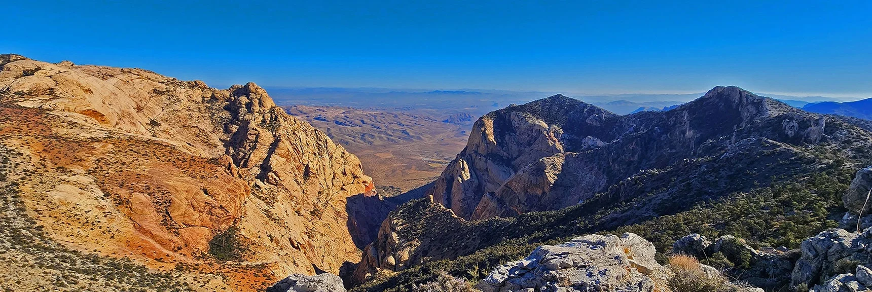 First Creek Canyon Between Mt. Wilson and Indecision Peak. Blue Diamond Mt Background. | Rainbow Mountains Mid Upper Crest Ridgeline from Lovell Canyon, Nevada