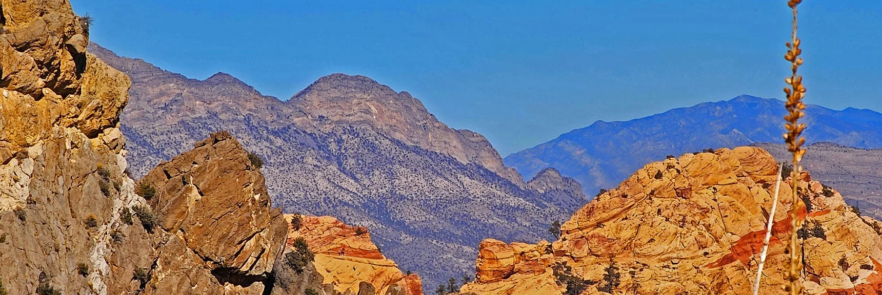 Tip of Rainbow Mountain (Right). La Madre Mts. Through Gap. Sheep Range Distant Right. | Rainbow Mountains Mid Upper Crest Ridgeline from Lovell Canyon, Nevada