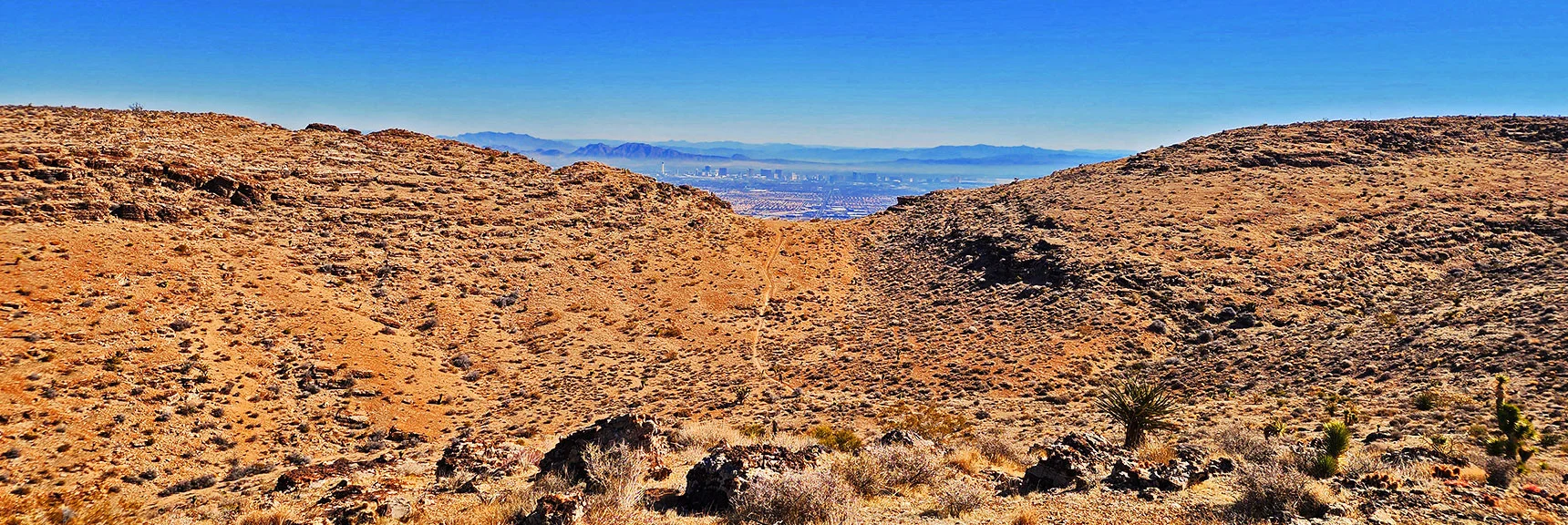 Cross-Over to High Eastern Overlook Ridge. Las Vegas Valley & Strip Background. | Eastern Outer Circuit | Blue Diamond Hill | Red Rock Canyon, Nevada