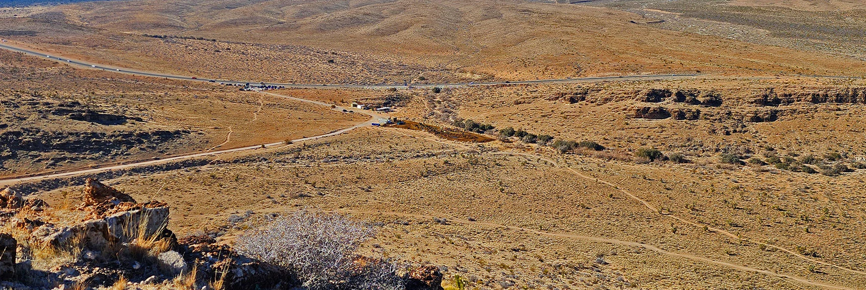 Final Descent Toward Cowboy Trail Ridge and Fossil Canyon Trailhead Parking | Eastern Outer Circuit | Blue Diamond Hill | Red Rock Canyon, Nevada