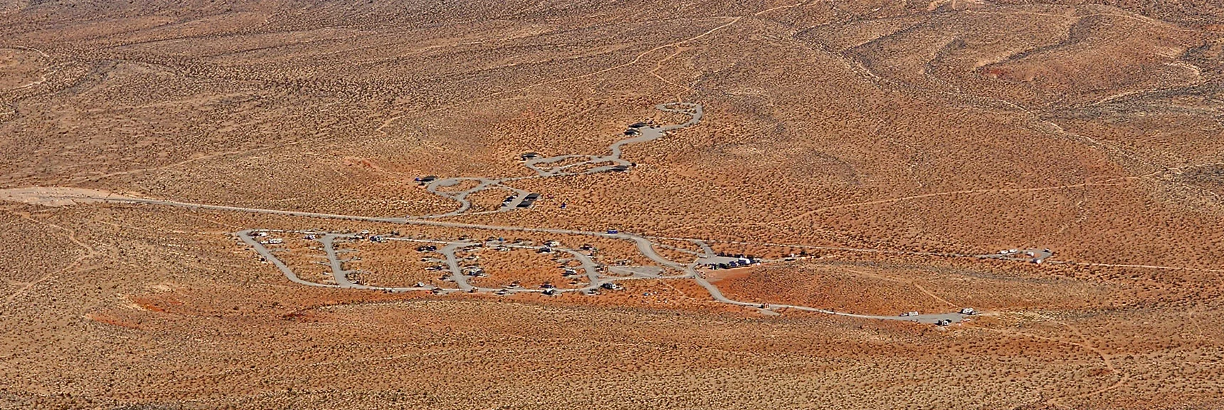 Close-up View of Red Rock Canyon Campground Below, East. | Eastern Outer Circuit | Blue Diamond Hill | Red Rock Canyon, Nevada