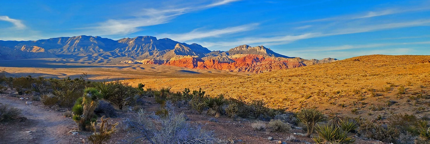 Keystone Thrust Cliffs, Turtlehead Peak, Calico Hills, Damsel Peak in Evening Sun | Western Trails and Ridges | Blue Diamond Hill | Red Rock Canyon, Nevada