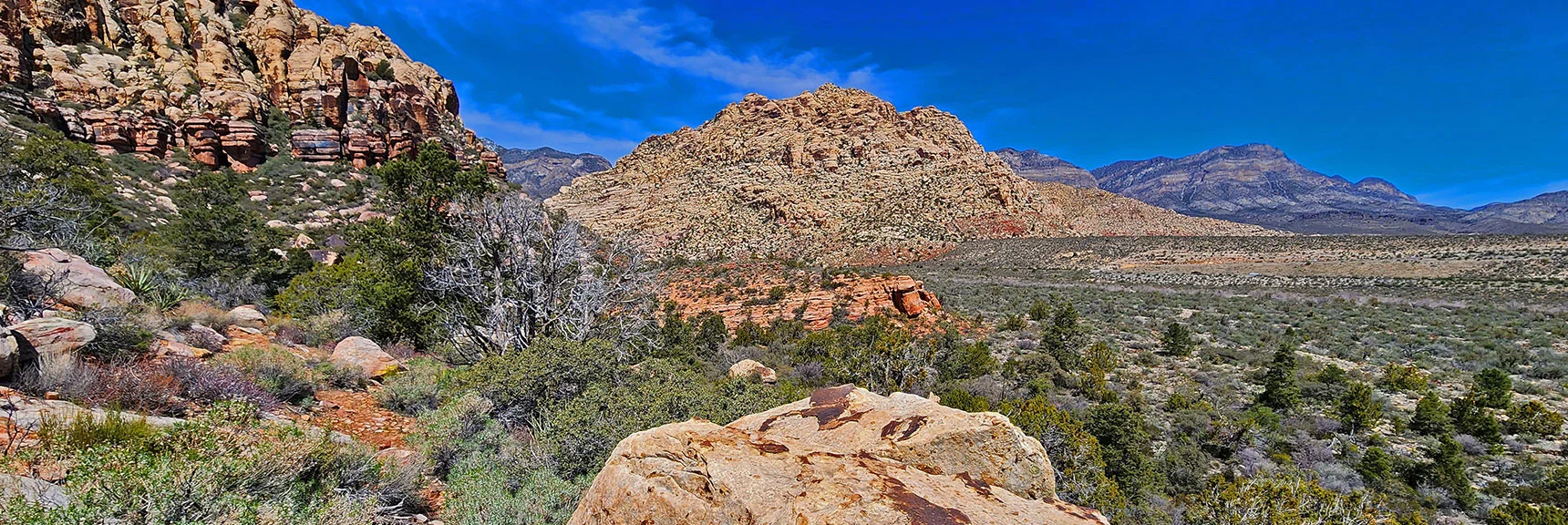 Northern SMYC High Point Ahead. Aztec Red Rock Bluff. White Rock Mt Backdrop | SMYC Trail | Red Rock Canyon National Conservation Area, Nevada | David Smith | LasVegasAreaTrails.com