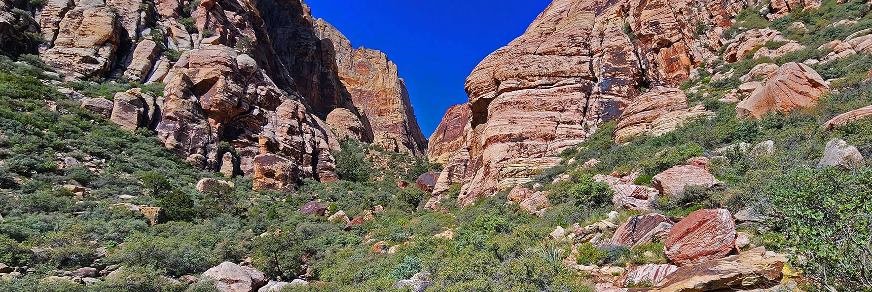 Continue Along North Side of Canyon Toward Narrow Opening. Follow Cairns. | Juniper Canyon | Red Rock Canyon National Conservation Area, Nevada | David Smith | LasVegasAreaTrails.com