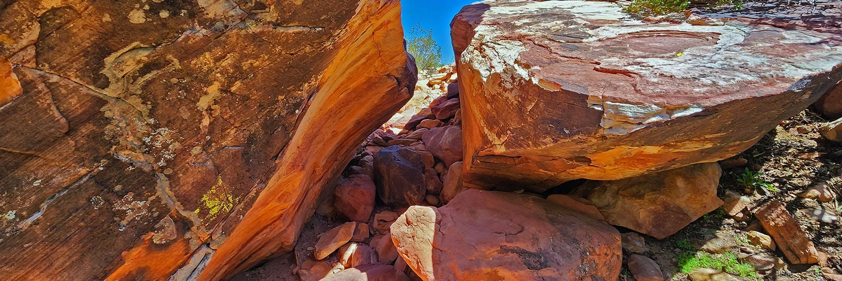 Squeeze Again Through Boulder Passage...May Need to Remove Back Pack. | Juniper Canyon | Red Rock Canyon National Conservation Area, Nevada | David Smith | LasVegasAreaTrails.com