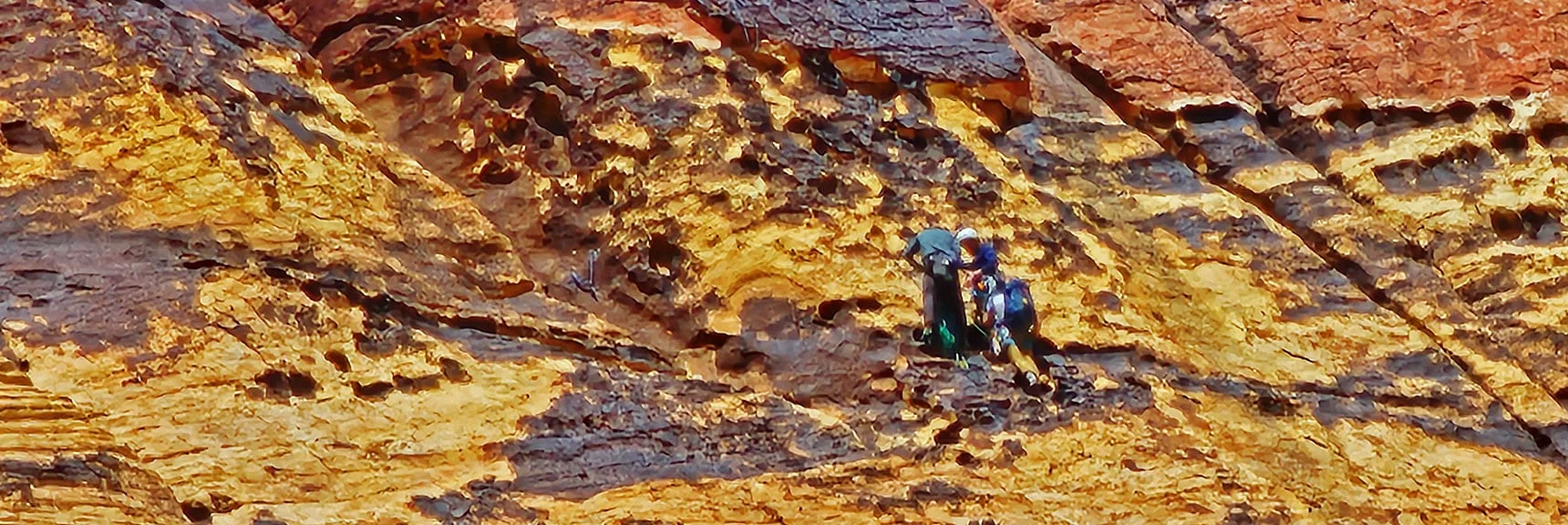 Two Rock Climbers on the Cliffs Above. No Worries, Not Part of Summit Route. | Juniper Canyon | Red Rock Canyon National Conservation Area, Nevada | David Smith | LasVegasAreaTrails.com